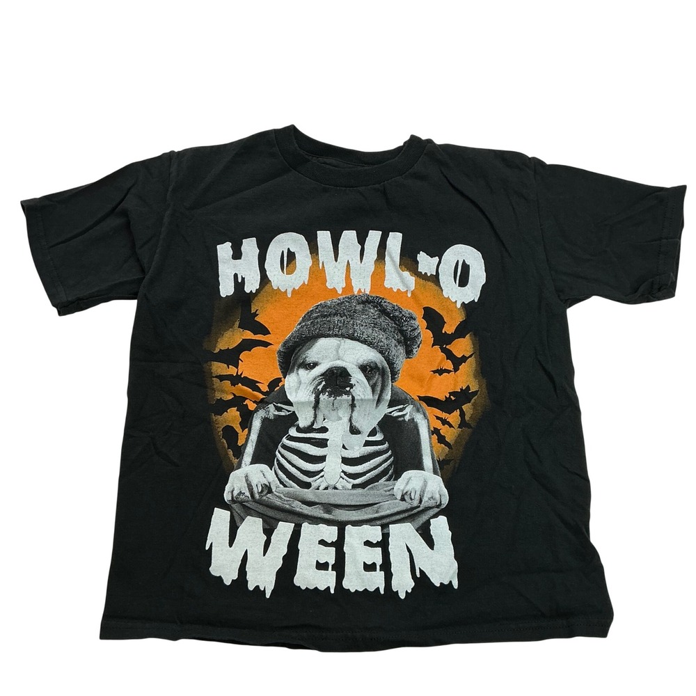 Chill Black Howl-o-ween Bulldog Skeleton T-Shirt Kids Size 8 Graphic Tee